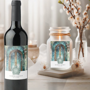 Elegant Monogram Teal, Blue Watercolor Wedding Wine Label