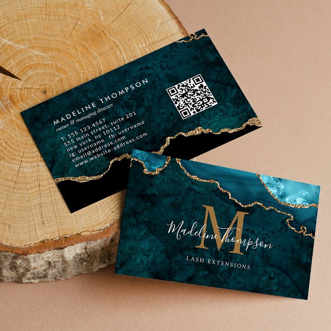 Elegant Monogram Teal Gold Agate Geode QR Code Business Card (Creator Uploaded)