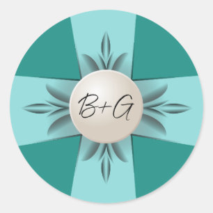Elegant Monogram Teal Pearl Ribbon Wedding Classic Round Sticker
