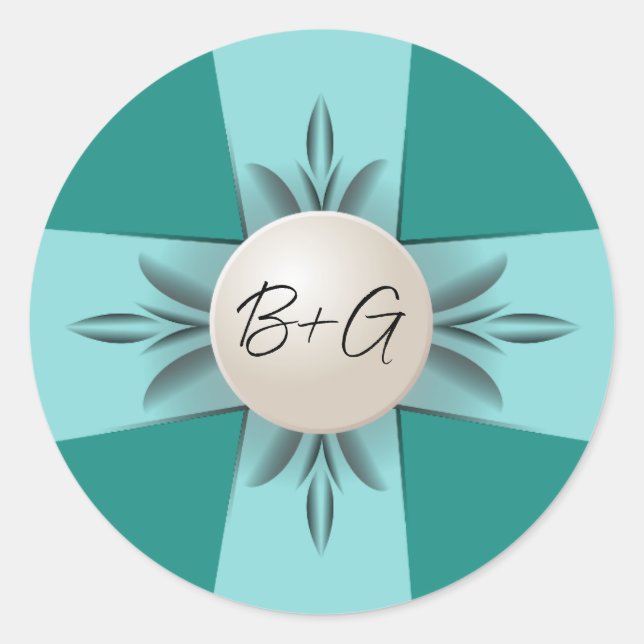 Elegant Monogram Teal Pearl Ribbon Wedding Classic Round Sticker (Front)