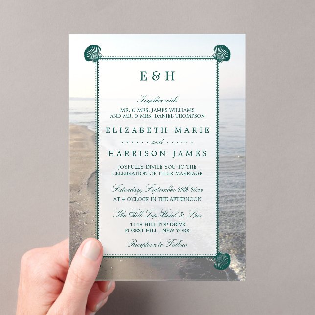 Elegant Monogram & Teal Scallop Beach Wedding Acrylic Invitations (Insitu (Handheld))