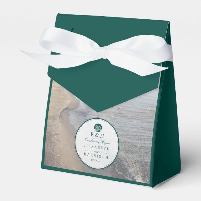 Elegant Monogram & Teal Scallop Beach Wedding Favour Box (Front Side)