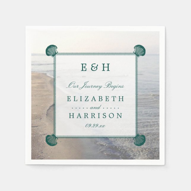 Elegant Monogram & Teal Scallop Beach Wedding Napkin (Front)
