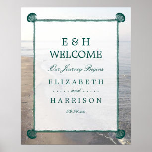 Elegant Monogram & Teal Scallop Beach Wedding Poster