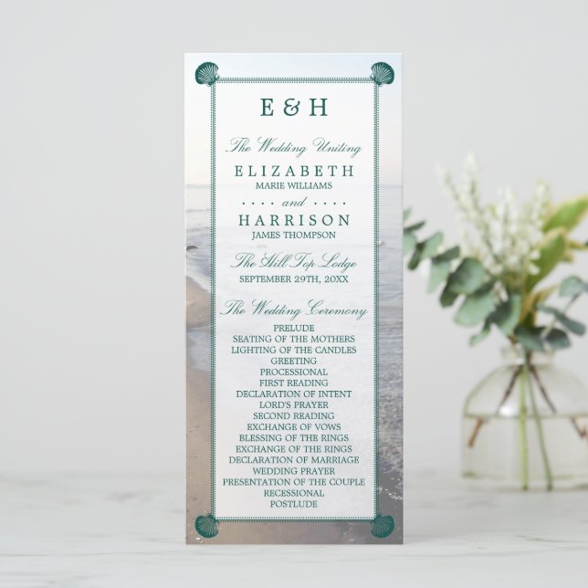 Elegant Monogram & Teal Scallop Beach Wedding Program (Standing Front)
