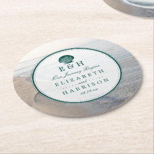 Elegant Monogram & Teal Scallop Beach Wedding Round Paper Coaster