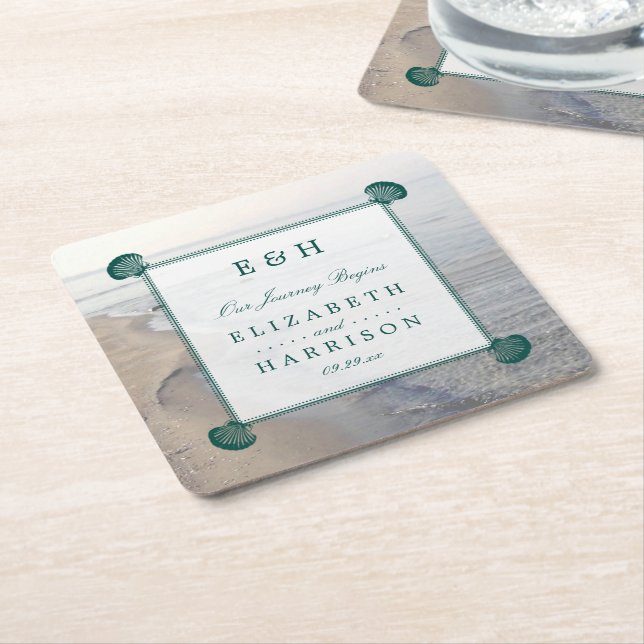Elegant Monogram & Teal Scallop Beach Wedding Square Paper Coaster (Angled)