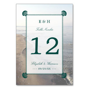 Elegant Monogram & Teal Scallop Beach Wedding Table Number