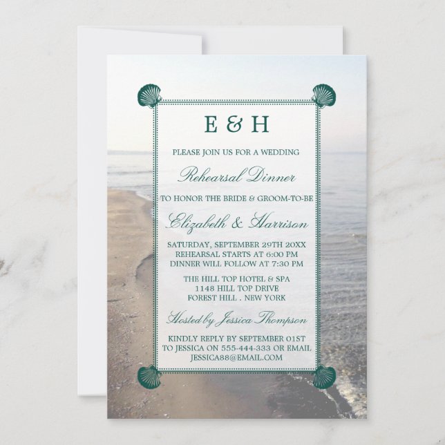 Elegant Monogram, Teal Scallop Rehearsal Dinner Invitation (Front)