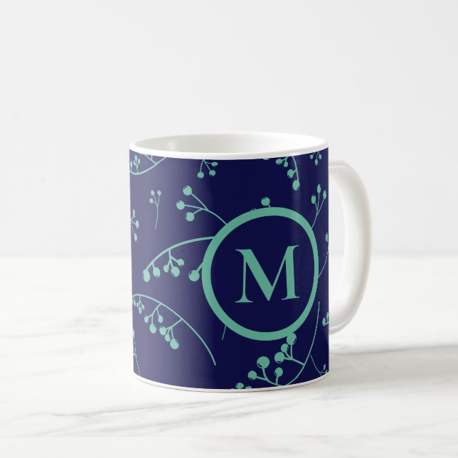 Elegant monogram teal turquoise berry pattern coffee mug (Front Right)