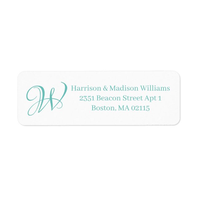 Elegant Monogram teal white custom Return Address  Label (Front)