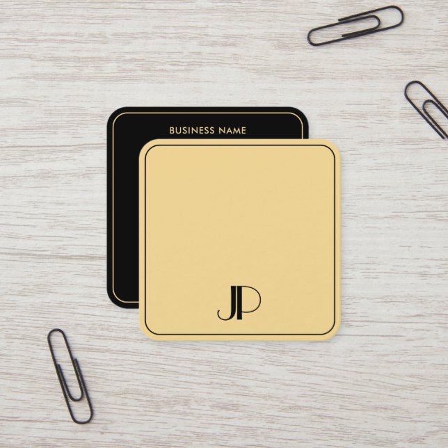 Elegant Monogram Template Luxurious Black And Gold Square Business Card (Front/Back In Situ)