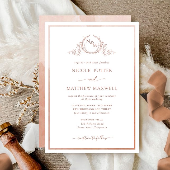 Elegant Monogram Terracotta Watercolor Wedding Invitation (Creator Uploaded)