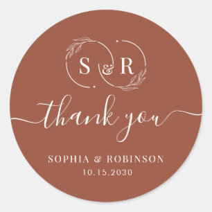 Elegant Monogram Terracotta Wedding Favour Classic Round Sticker