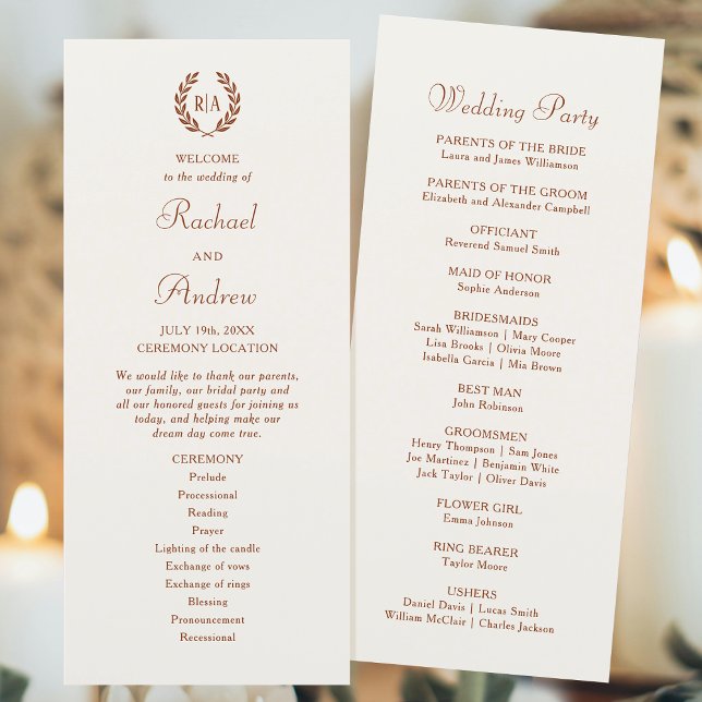 Elegant Monogram Terracotta Wedding Timeline Flat Program (Creator Uploaded)