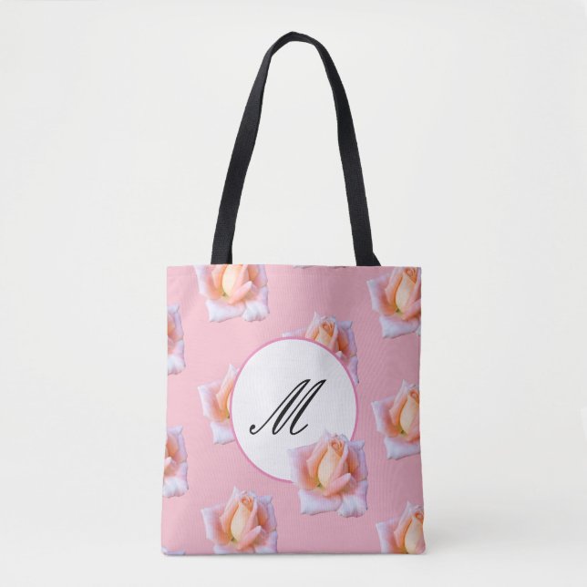 Elegant monogram Tote Pink Rose Flowers (Front)
