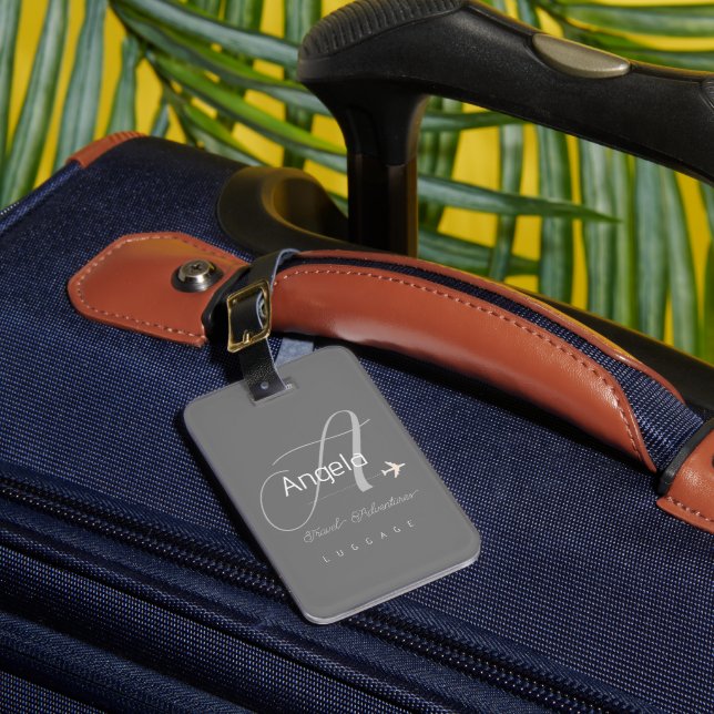 Elegant Monogram Traveller Name Grey Luggage Tag (Front Insitu 1)