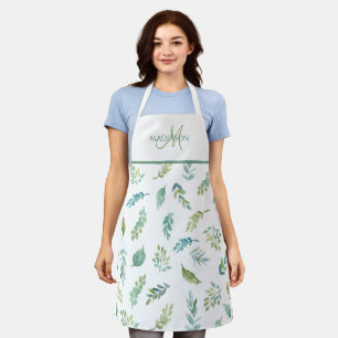 Elegant Monogram, Turquoise and Green Leaf Pattern Apron
