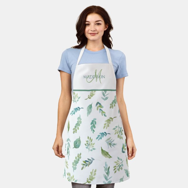 Elegant Monogram, Turquoise and Green Leaf Pattern Apron (Worn)