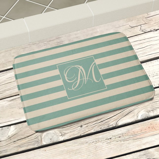 Elegant Monogram Turquoise Cream Stripes Coastal Bath Mat (Add your initial to this elegant coastal style bath mat)