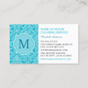 Elegant Monogram Turquoise Damask Housekeeping Business Card
