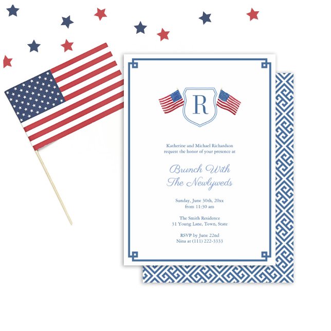 Elegant Monogram USA Flag Newlyweds Brunch Wedding Invitation (Elegant Monogram Brunch With The Newlyweds Wedding Invitation in red white and blue for labor day)