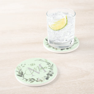 Elegant Monogram Watercolor Botanical Family Name Coaster