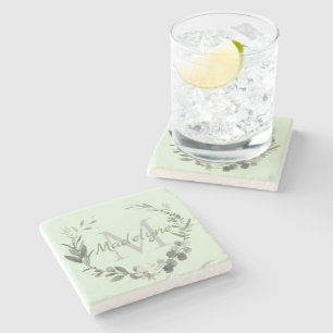 Elegant Monogram Watercolor Botanical Family Name Stone Coaster