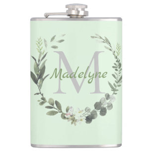 Elegant Monogram Watercolor Botanical Wreath Hip Flask
