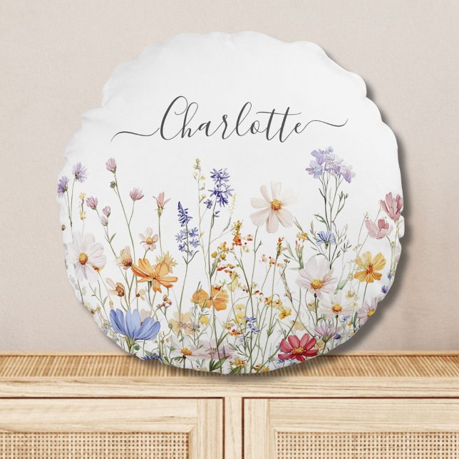 Elegant Monogram Watercolor Colourful Wildflower Round Cushion (In situ)