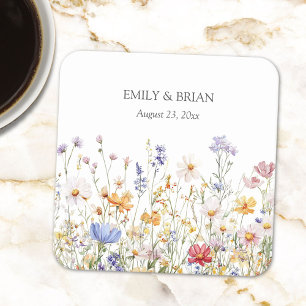 Elegant Monogram Watercolor Colourful Wildflower Square Paper Coaster