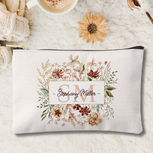 Elegant Monogram Watercolor Fall Wildflower Floral Accessory Pouch