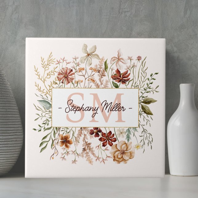 Elegant Monogram Watercolor Fall Wildflower Floral Ceramic Tile (In situ)