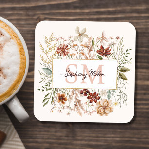 Elegant Monogram Watercolor Fall Wildflower Floral Coaster