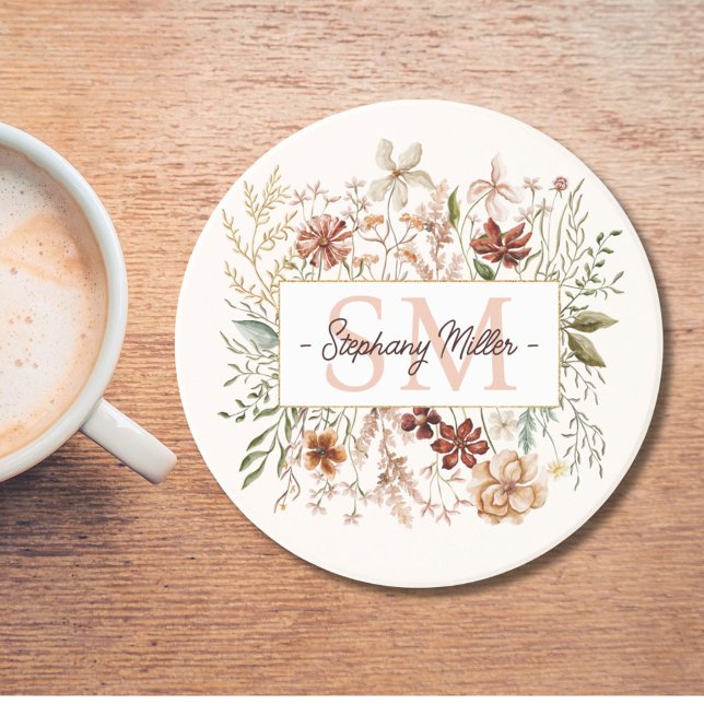 Elegant Monogram Watercolor Fall Wildflower Floral Coaster (In situ)