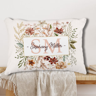 Elegant Monogram Watercolor Fall Wildflower Floral Decorative Cushion