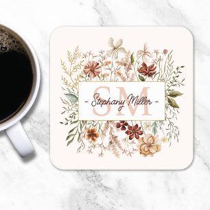 Elegant Monogram Watercolor Fall Wildflower Floral Square Paper Coaster