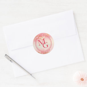Elegant Monogram Watercolor Pink Red Ombre Classic Round Sticker