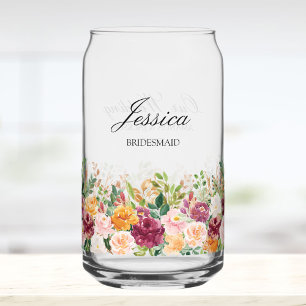 Elegant Monogram Watercolor Rose Flower Bridesmaid Can Glass