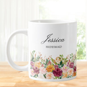 Elegant Monogram Watercolor Rose Flower Bridesmaid Large Coffee Mug