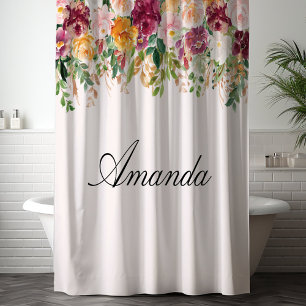 Elegant Monogram Watercolor Rose Garden Floral Shower Curtain