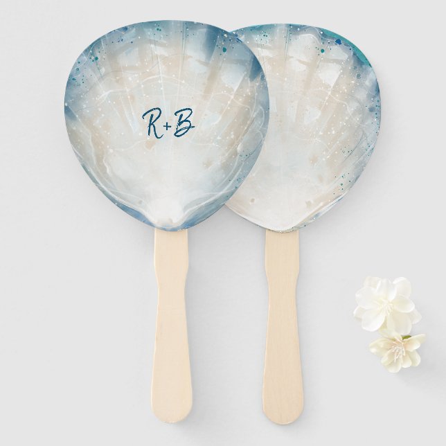 Elegant Monogram Watercolor Seashell Rustic Beach Hand Fan (Front and Back)