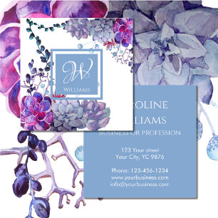 Elegant Monogram Watercolor Succulent Plants Blue Square Business Card