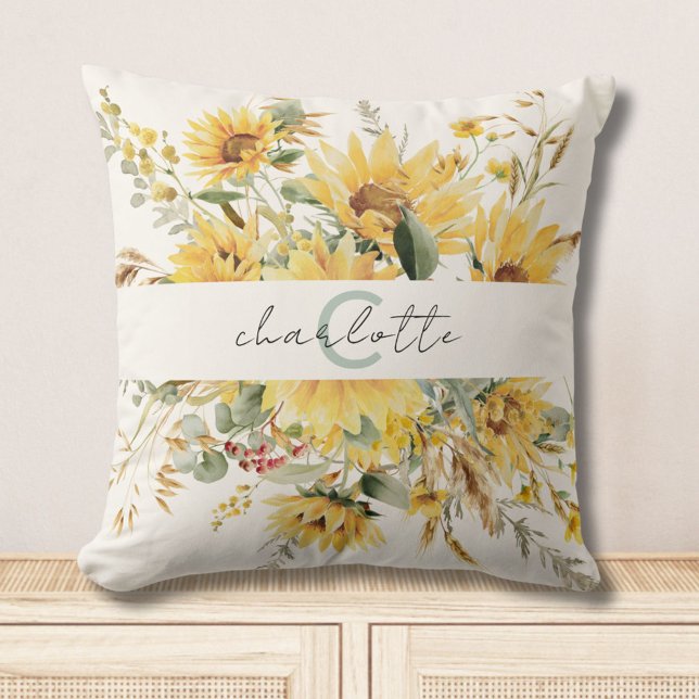 Elegant Monogram Watercolor Sunflower Bouquet Cushion (In situ)