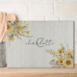 Elegant Monogram Watercolor Sunflower Bouquet Cutting Board