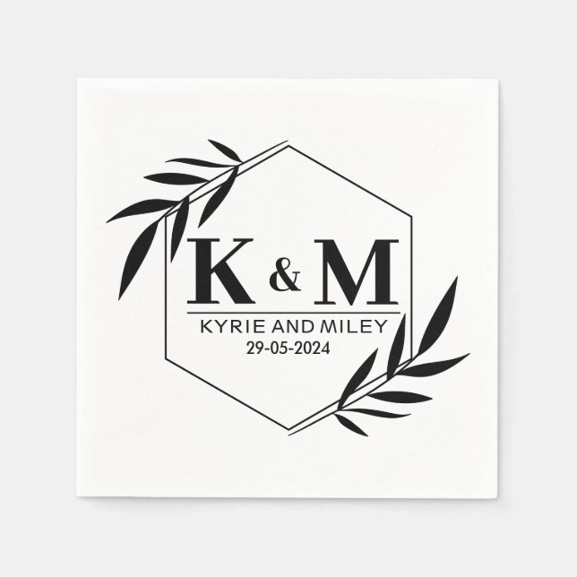 elegant monogram wedding black and white napkin (Front)