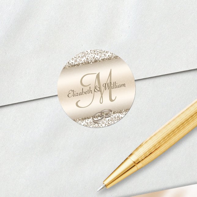 Elegant Monogram Wedding Champagne Metallic Classic Round Sticker (Creator Uploaded)