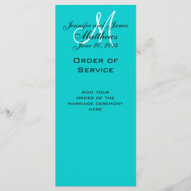 Elegant Monogram Wedding Church Programs Aqua (Front)