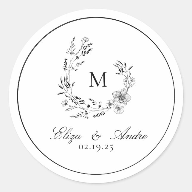 Elegant Monogram Wedding Classic Round Sticker (Front)