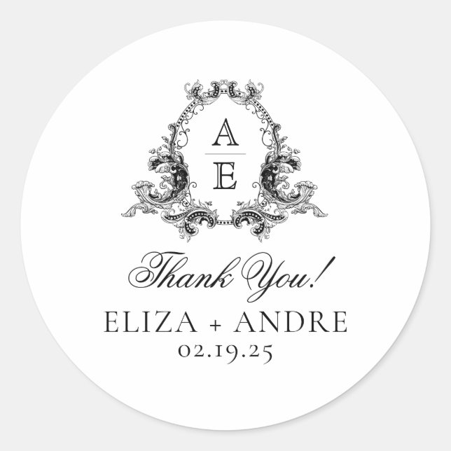 Elegant Monogram Wedding Classic Round Sticker (Front)